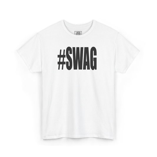 White t-shirt with "#SWAG" printed in black on the chest