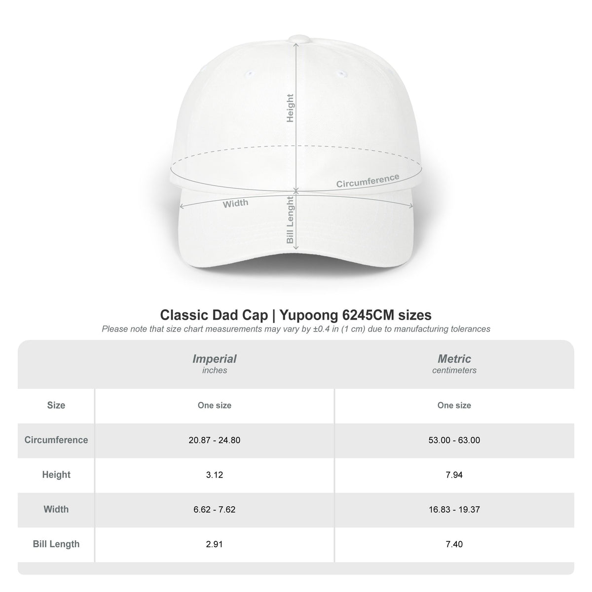 Dad hat size chart in inches and centimeters