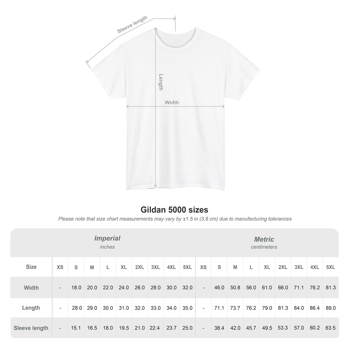 Unisex t-shirt size chart in inches and centimeters