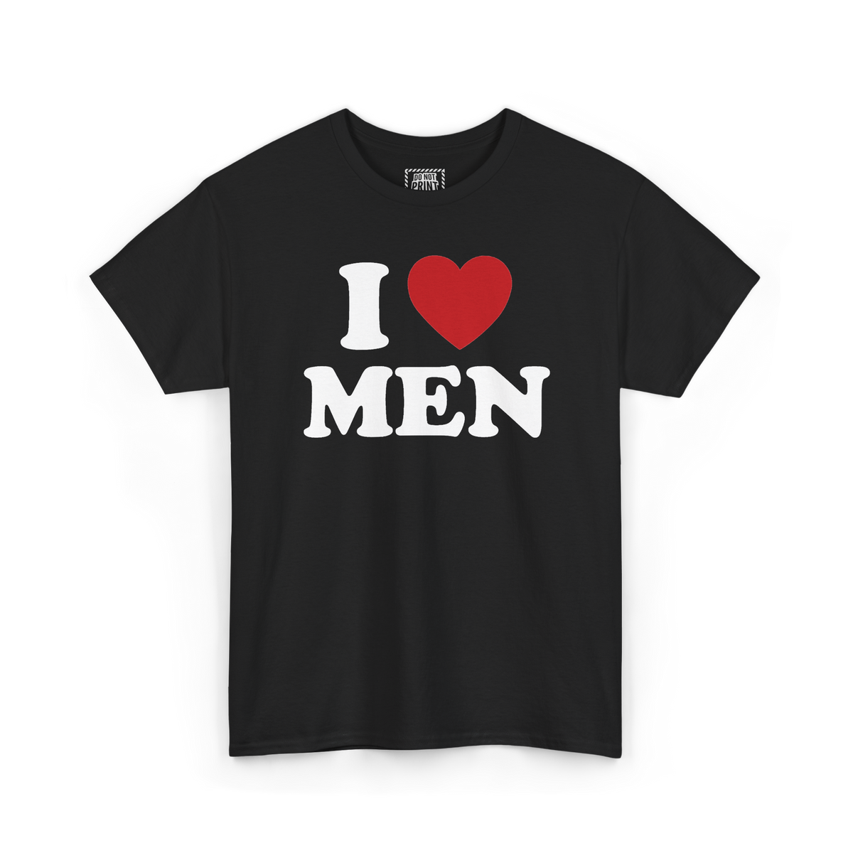 Black t-shirt with "I", a red heart and "MEN" printed in white on the chest