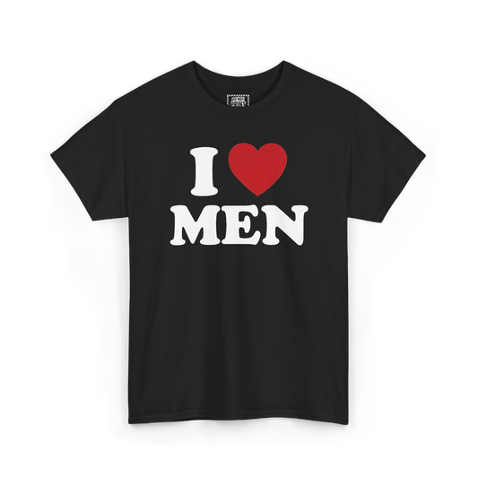 Black t-shirt with "I", a red heart and "MEN" printed in white on the chest