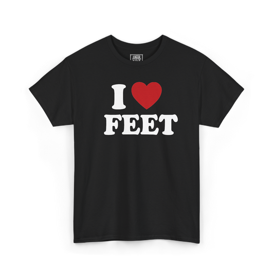 Black t-shirt with "I", a red heart and "FEET" printed in white on the chest