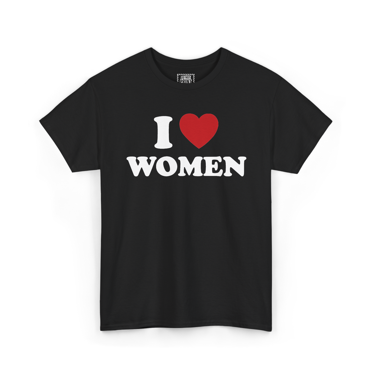 Black t-shirt with "I", a red heart and "WOMEN" printed in white on the chest