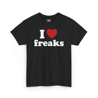 Black t-shirt with "I", a red heart and "freaks" printed in white on the chest