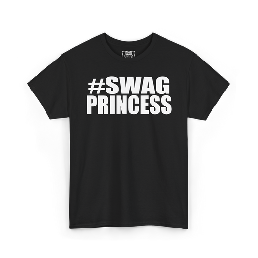 Black t-shirt with "#SWAG PRINCESS" printed in white on the chest
