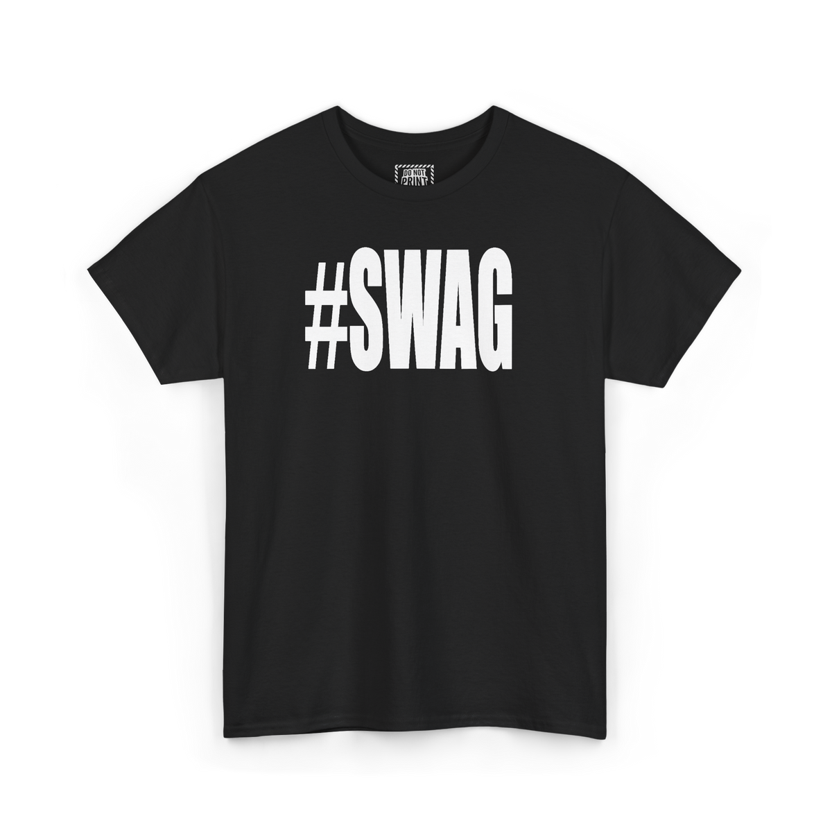 Black t-shirt with "#SWAG" printed in white on the chest