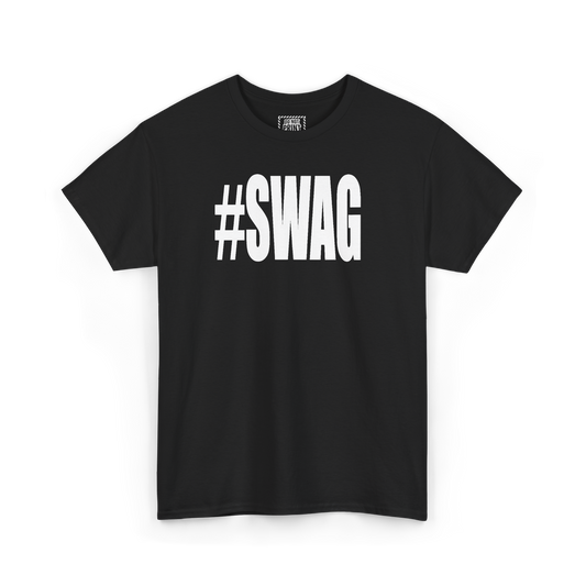 Black t-shirt with "#SWAG" printed in white on the chest