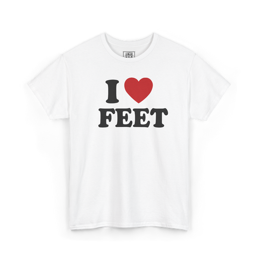White t-shirt with "I", a red heart and "FEET" printed in black on the chest
