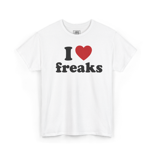 White t-shirt with "I", a red heart and "freaks" printed in black on the chest