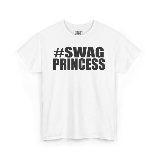 White t-shirt with "#SWAG PRINCESS" printed in black on the chest