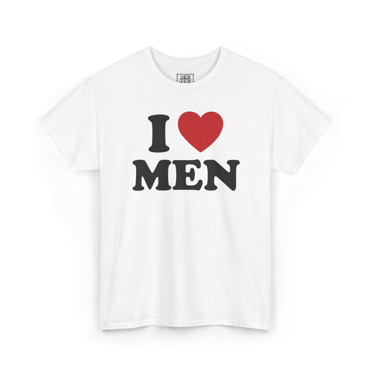 White t-shirt with "I", a red heart and "MEN" printed in black on the chest