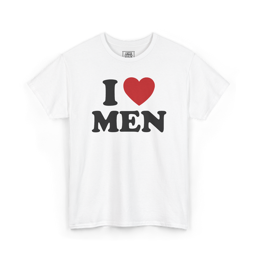 White t-shirt with "I", a red heart and "MEN" printed in black on the chest