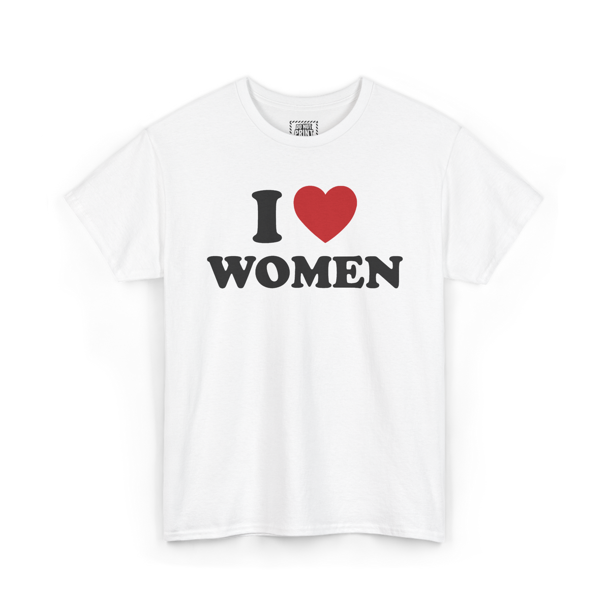 White t-shirt with "I", a red heart and "WOMEN" printed in black on the chest