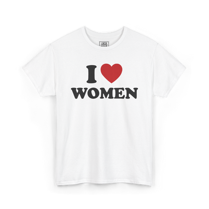 White t-shirt with "I", a red heart and "WOMEN" printed in black on the chest