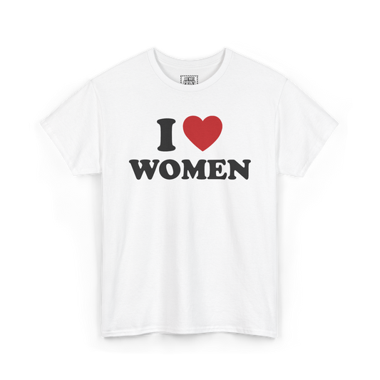 White t-shirt with "I", a red heart and "WOMEN" printed in black on the chest