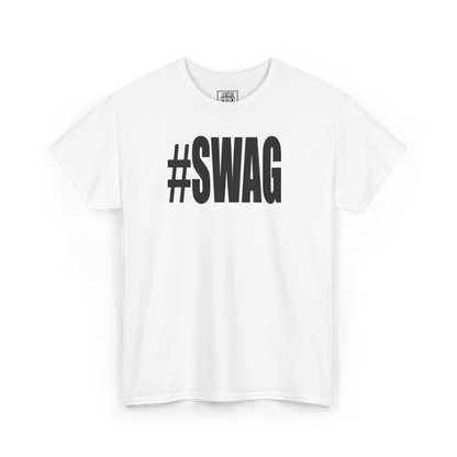 White t-shirt with "#SWAG" printed in black on the chest