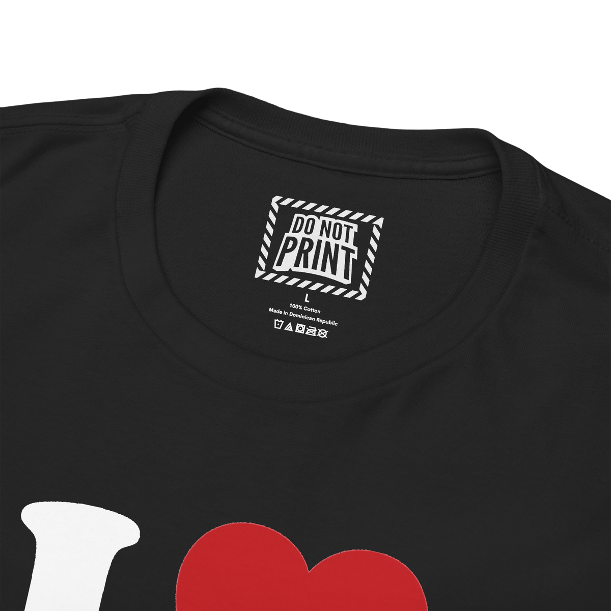 Close-up of the collar and neck label on the black I Heart Men (Sorry I Lied) t-shirt