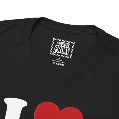 Close-up of the collar and neck label on the black I Heart Men (Sorry I Lied) t-shirt