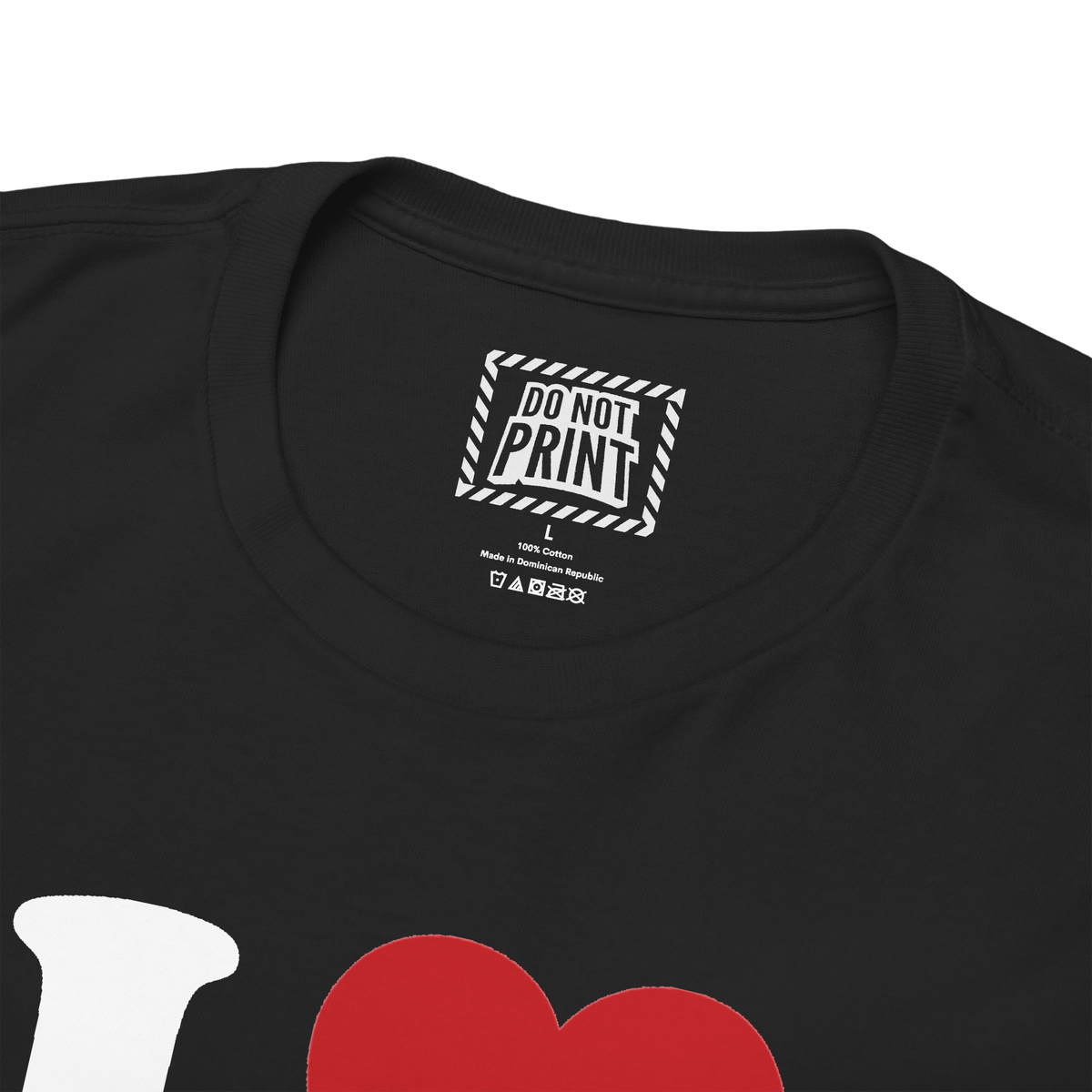 Close-up of the collar and neck label on the black I Heart Men t-shirt