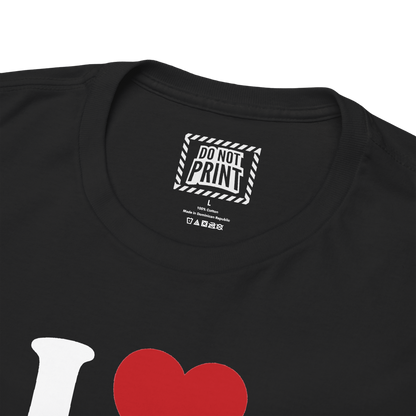 Close-up of the collar and neck label on the black I Heart Thighs t-shirt