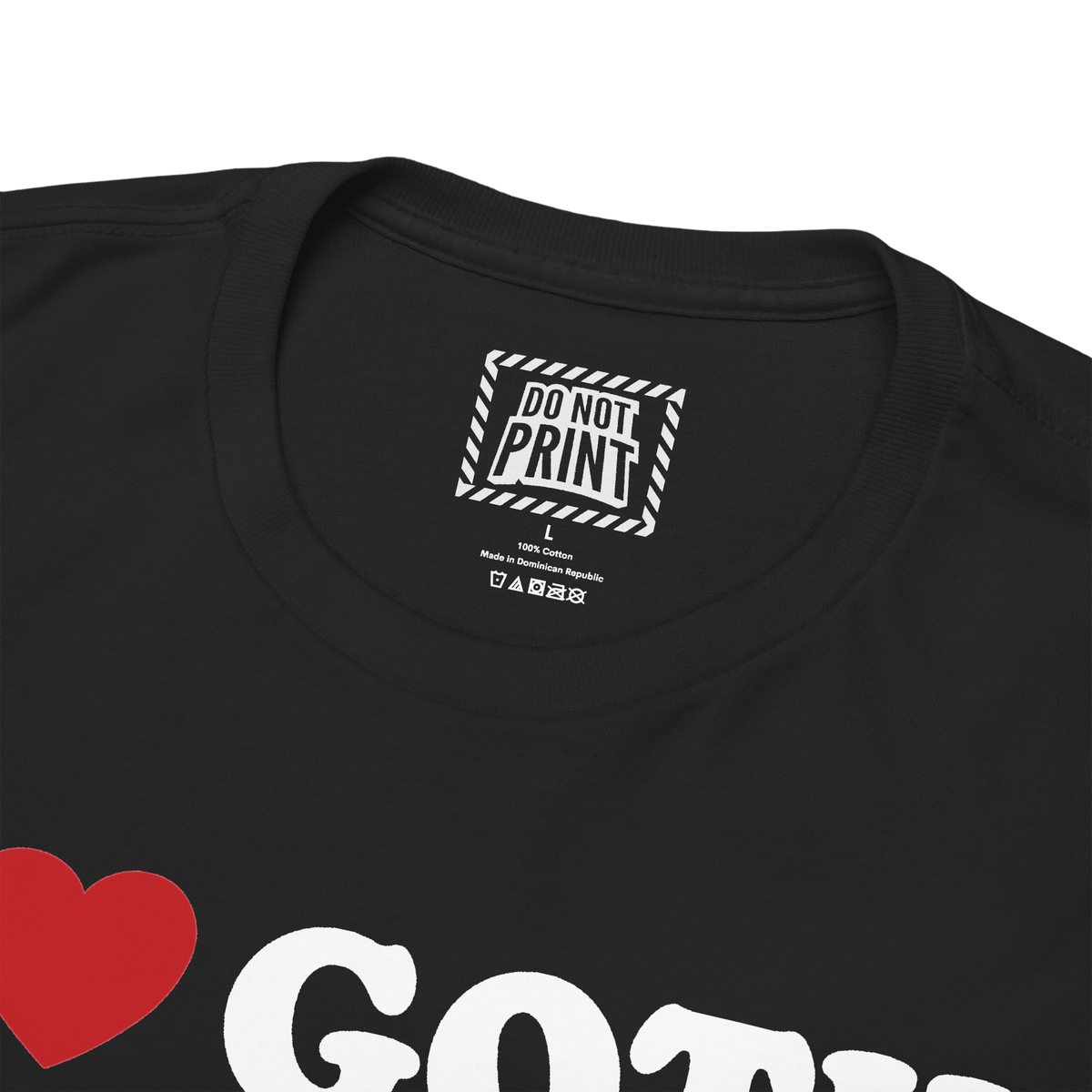 Close-up of the collar and neck label on the black I Heart Goth Girls t-shirt