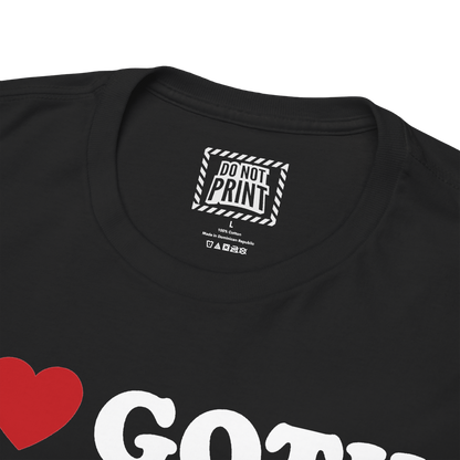 Close-up of the collar and neck label on the black I Heart Goth Girls t-shirt