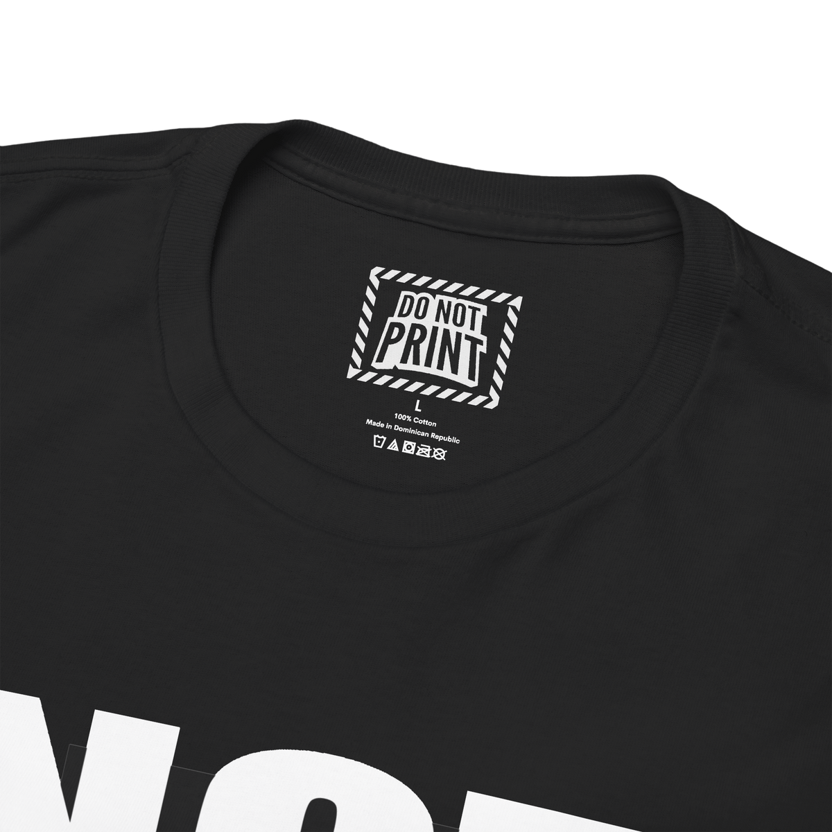 Close-up of the collar and neck label on the black "NOT FOR SALE." t-shirt