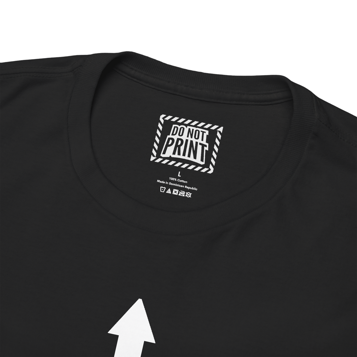 Close-up of the collar and neck label on the black "INSERT TOE HERE" t-shirt