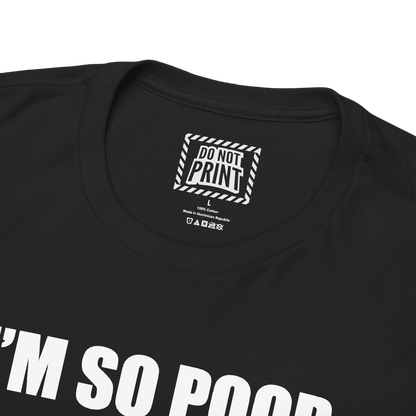 Close-up of the collar and neck label on the black "I'M SO POOR I CAN'T EVEN PAY ATTENTION" t-shirt