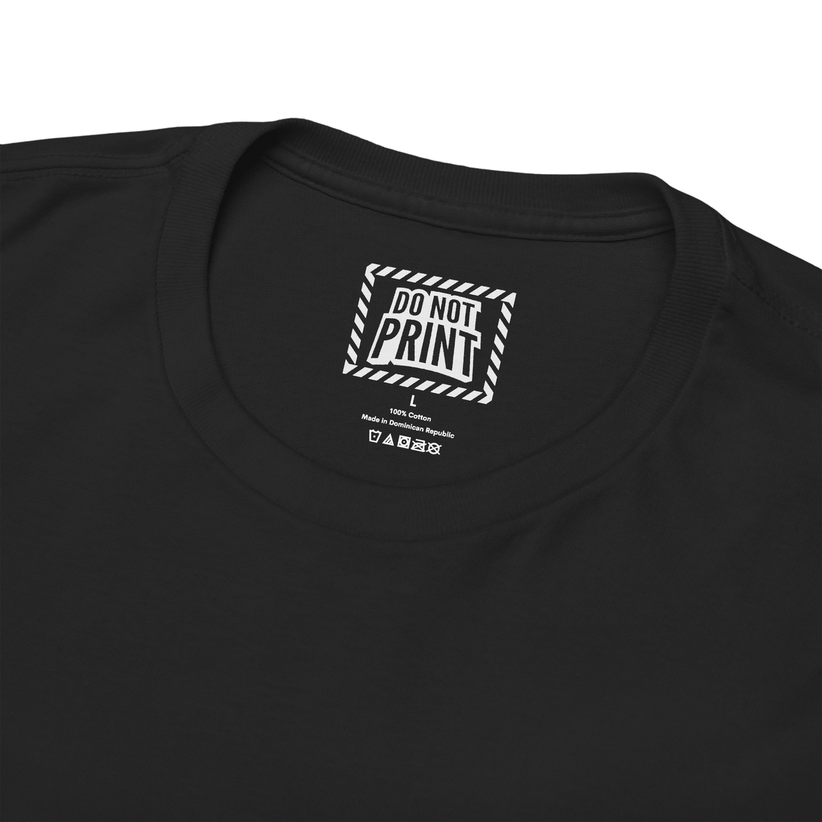 Close-up of the collar and neck label on the black "THICK THIGHS SAVE LIVES" t-shirt