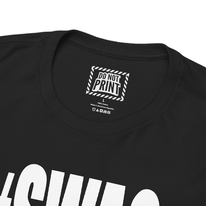 Close-up of the collar and neck label on the black "#SWAG" t-shirt