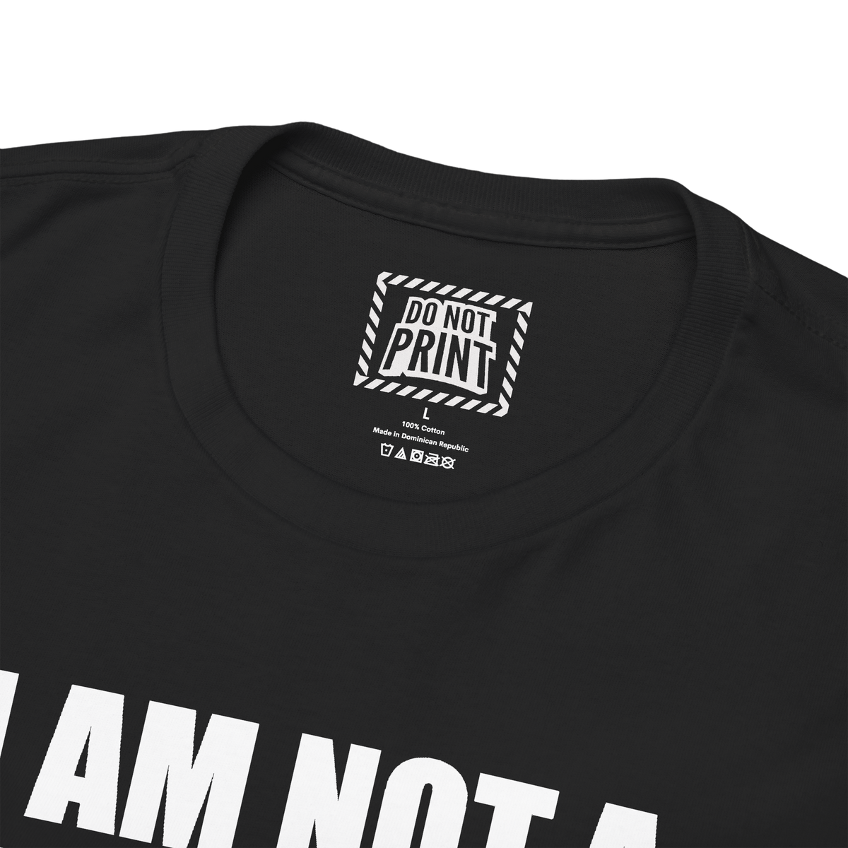 Close-up of the collar and neck label on the black "I AM NOT A GYNECOLOGIST BUT I'LL TAKE A LOOK" t-shirt