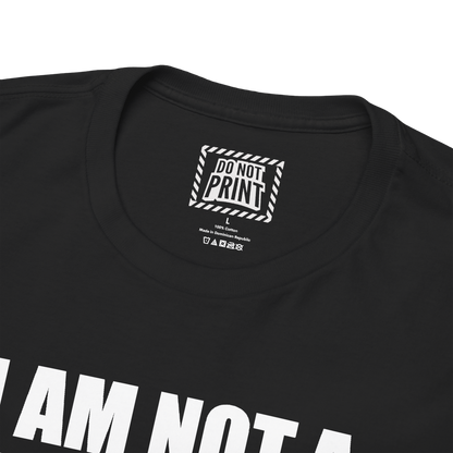 Close-up of the collar and neck label on the black "I AM NOT A GYNECOLOGIST BUT I'LL TAKE A LOOK" t-shirt