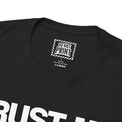 Close-up of the collar and neck label on the black "TRUST ME (Totally not a liar)" t-shirt