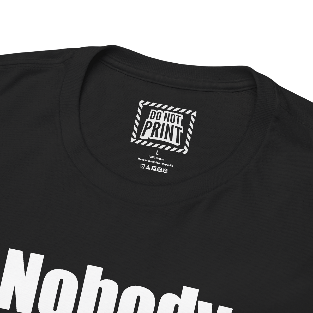 Close-up of the collar and neck label on the black "Nobody knows I'm a Lesbian." t-shirt