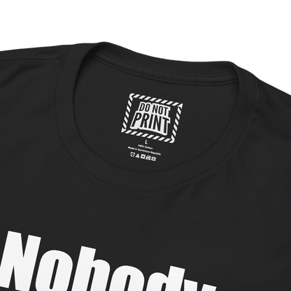Close-up of the collar and neck label on the black "Nobody knows I'm a Lesbian." t-shirt