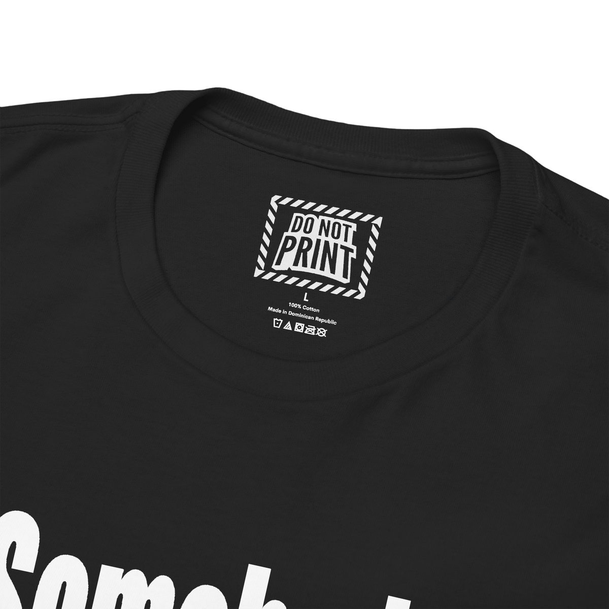Close-up of the collar and neck label on the black "Somebody" t-shirt