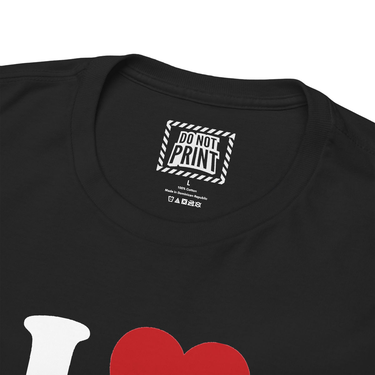 Close-up of the collar and neck label on the black I Love Women t-shirt