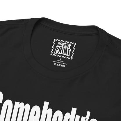 Close-up of the collar and neck label on the black "Somebody's problem" t-shirt