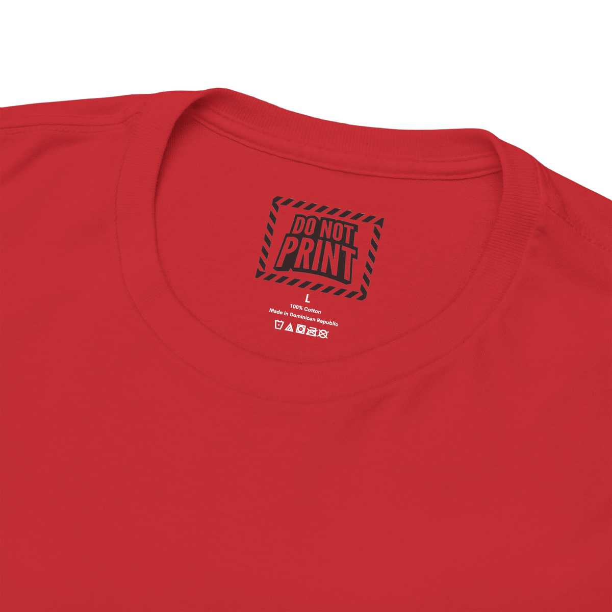 Close-up of the collar and neck label on the red "THICK THIGHS SAVE LIVES" t-shirt