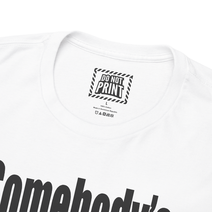 Close-up of the collar and neck label on the white "Somebody's problem" t-shirt