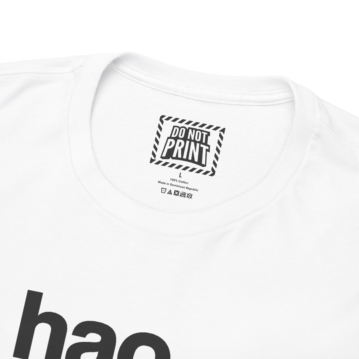 Close-up of the collar and neck label on the white "ni hao fine shyt" t-shirt