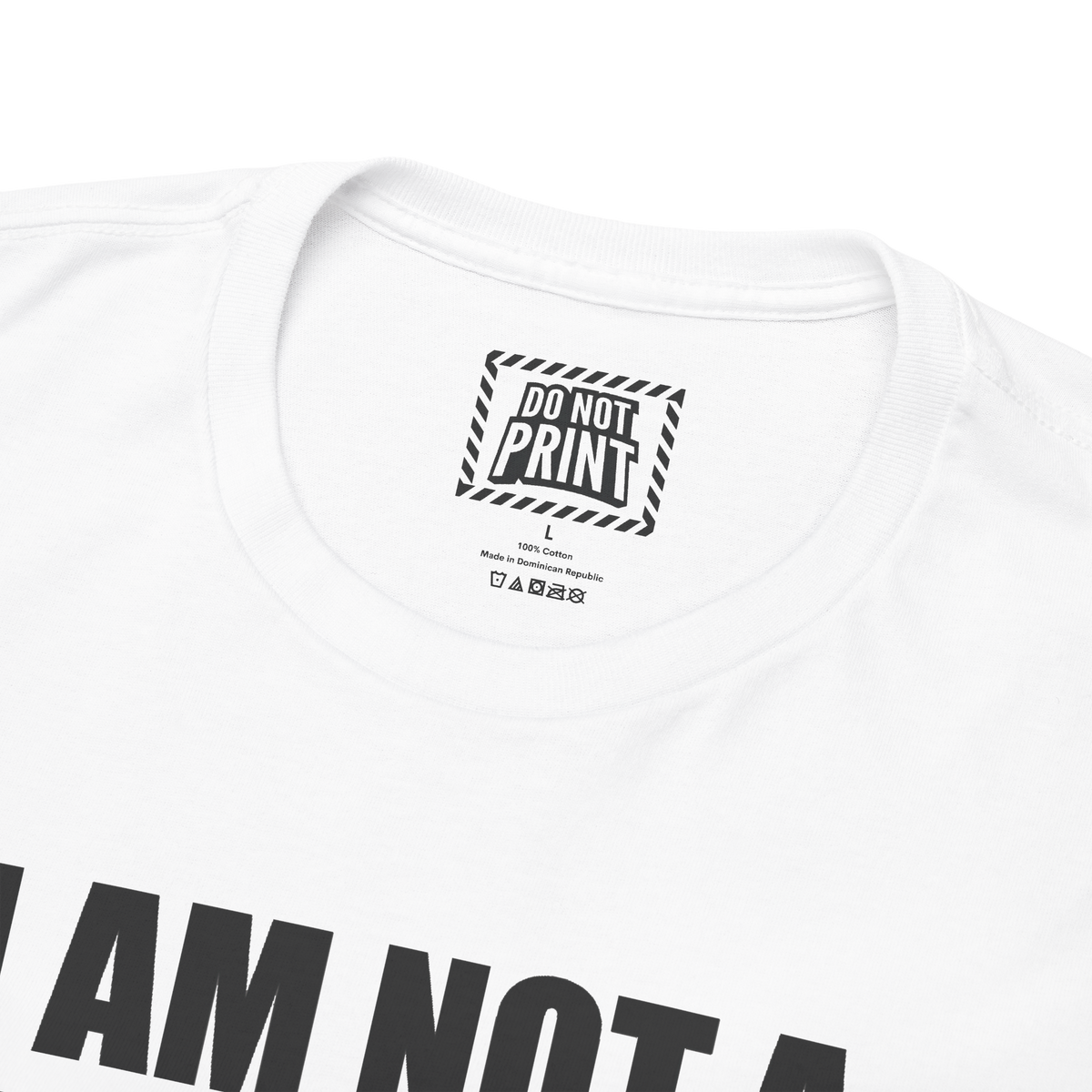 Close-up of the collar and neck label on the white "I AM NOT A GYNECOLOGIST BUT I'LL TAKE A LOOK" t-shirt