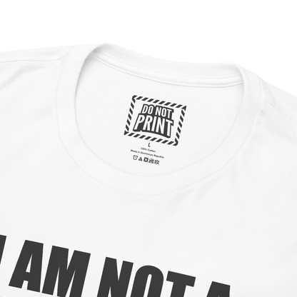 Close-up of the collar and neck label on the white "I AM NOT A GYNECOLOGIST BUT I'LL TAKE A LOOK" t-shirt