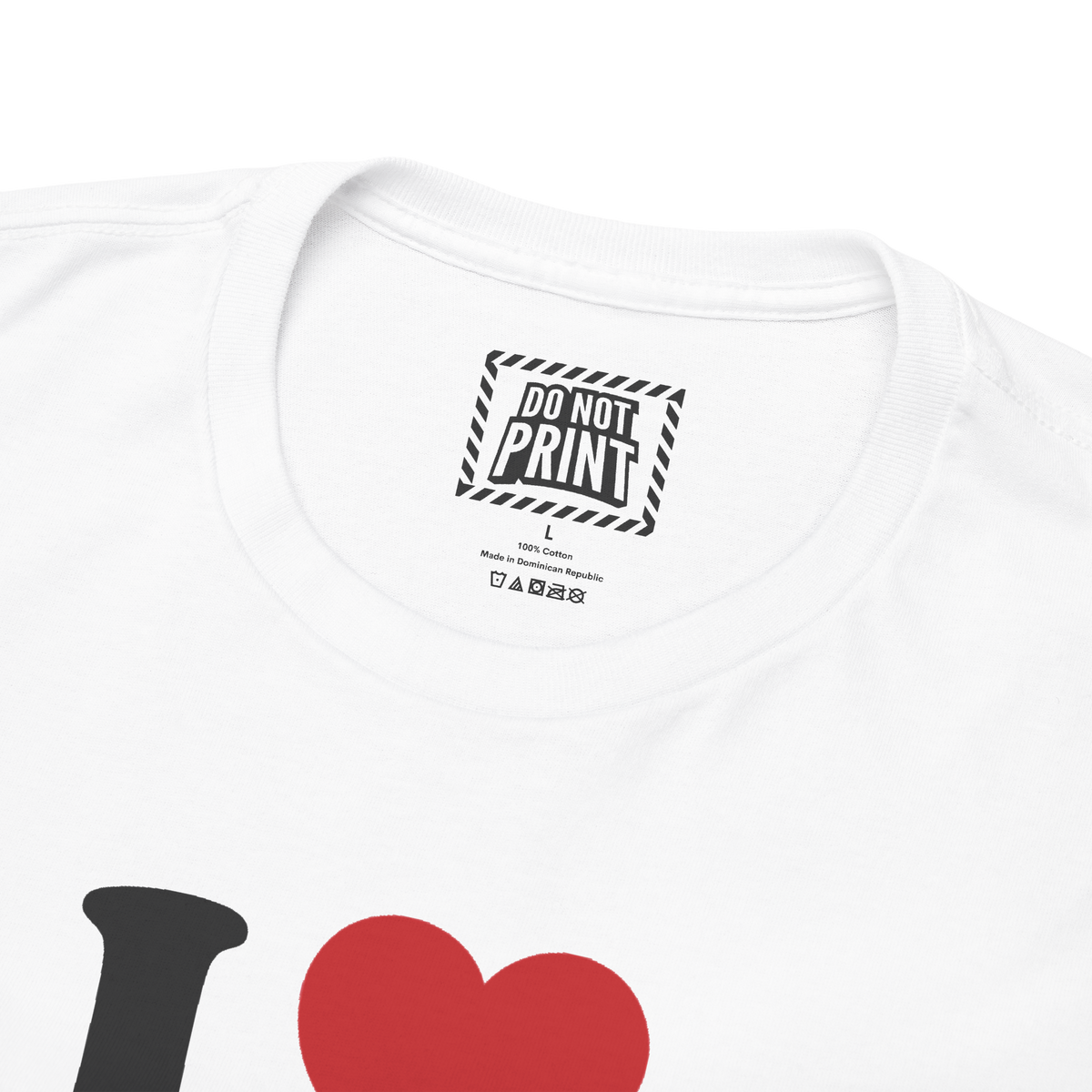 Close-up of the collar and neck label on the white I Heart Thighs t-shirt