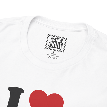 Close-up of the collar and neck label on the white I Heart Thighs t-shirt