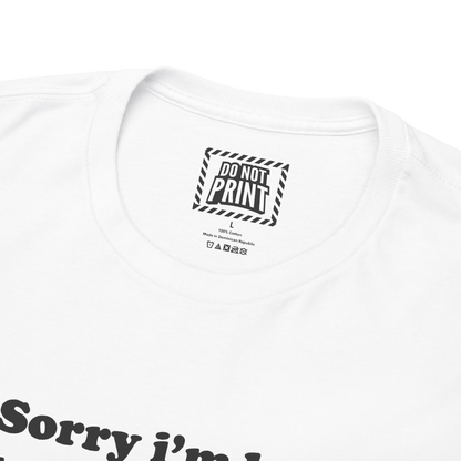 Close-up of the collar and neck label on the white "Sorry i'm late I didn't want to come" t-shirt