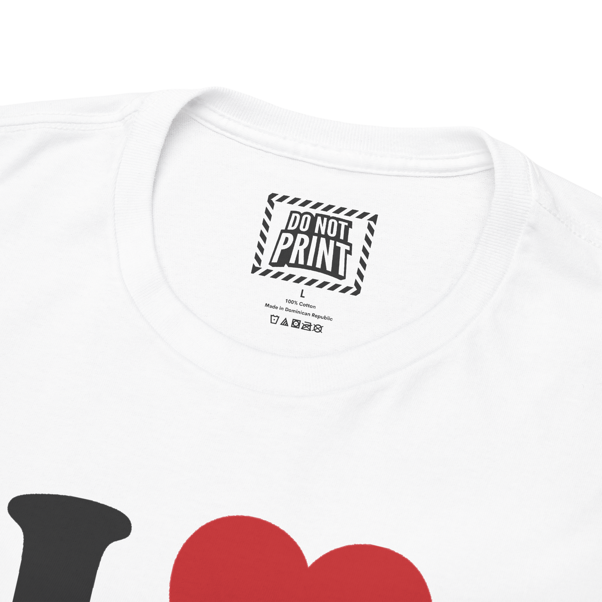 Close-up of the collar and neck label on the white I Heart Men t-shirt