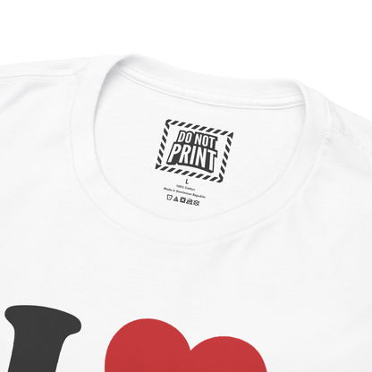 Close-up of the collar and neck label on the white I Heart Men t-shirt