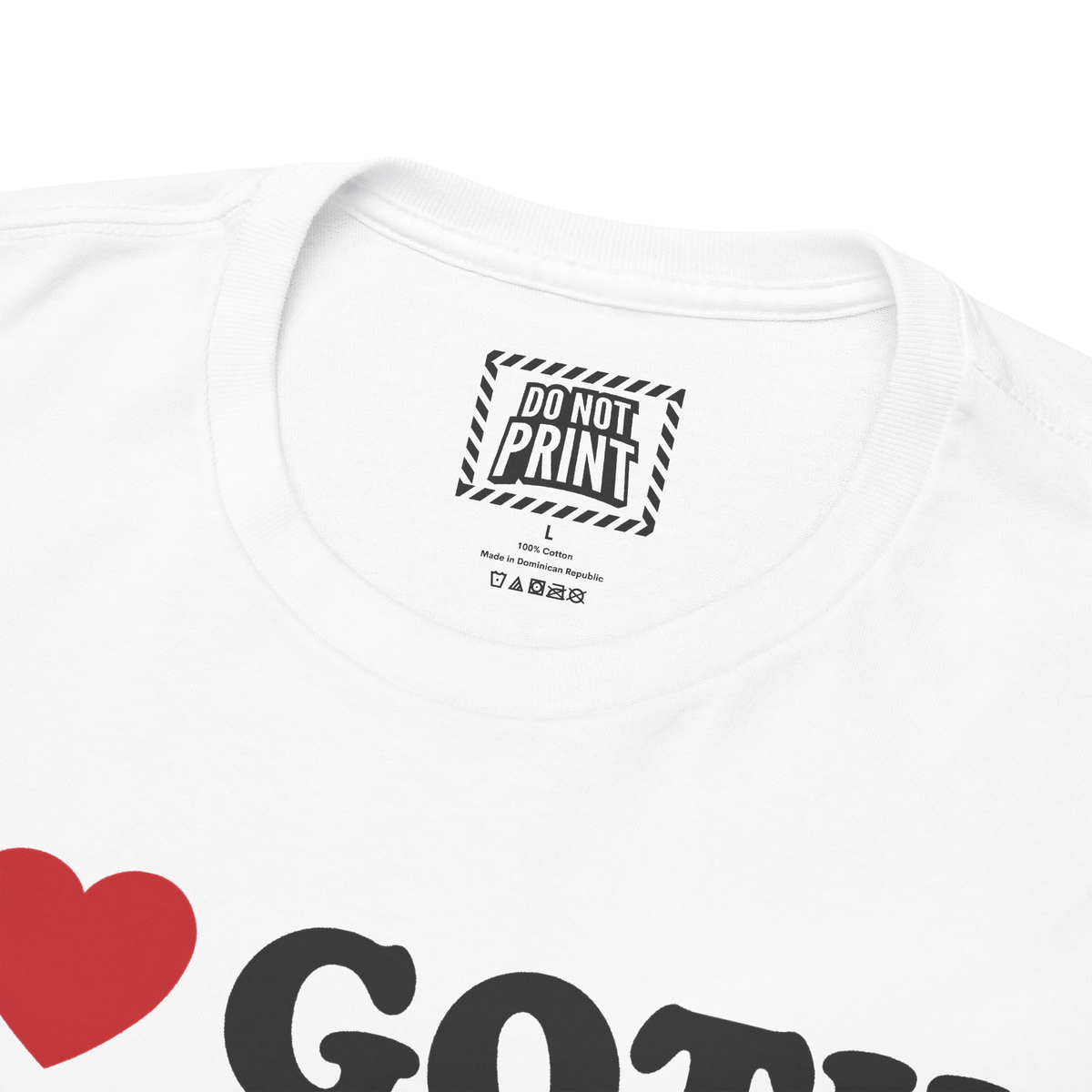 Close-up of the collar and neck label on the white I Heart Goth Girls t-shirt